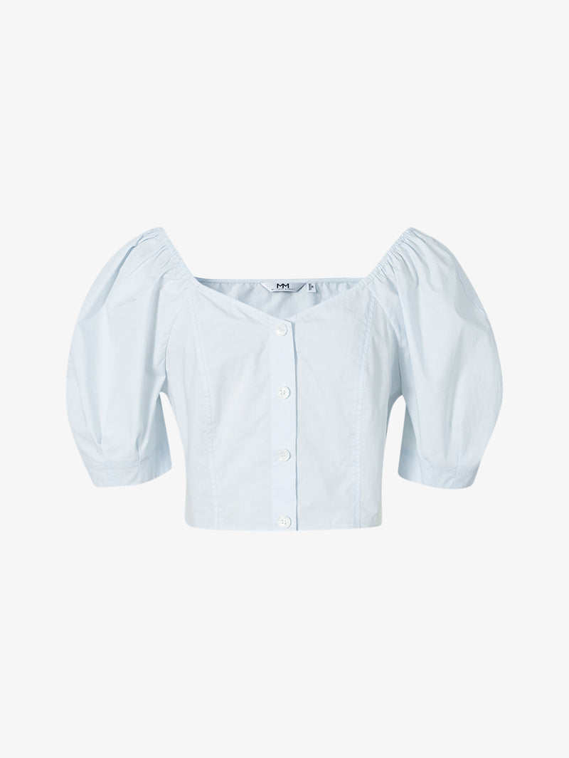 Women's Ice Point Blue Square Neck Puff Sleeves 100% Cotton Short Blouse Shirt 5E5222691