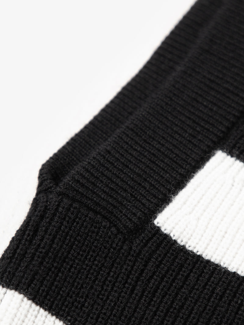 Women's Black Stripe Polo Zipper Neck Sleeveless Knitted Sweater、