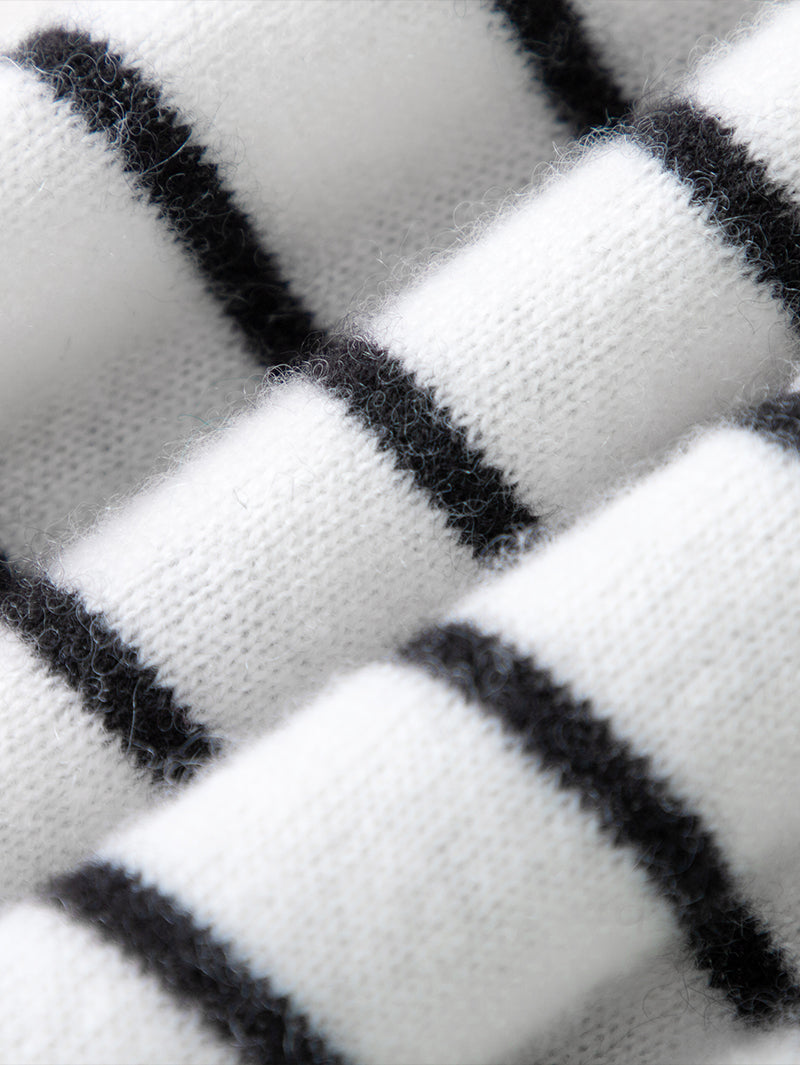 Women's White Stripe Round Neck Knit Cashmere Sweater
