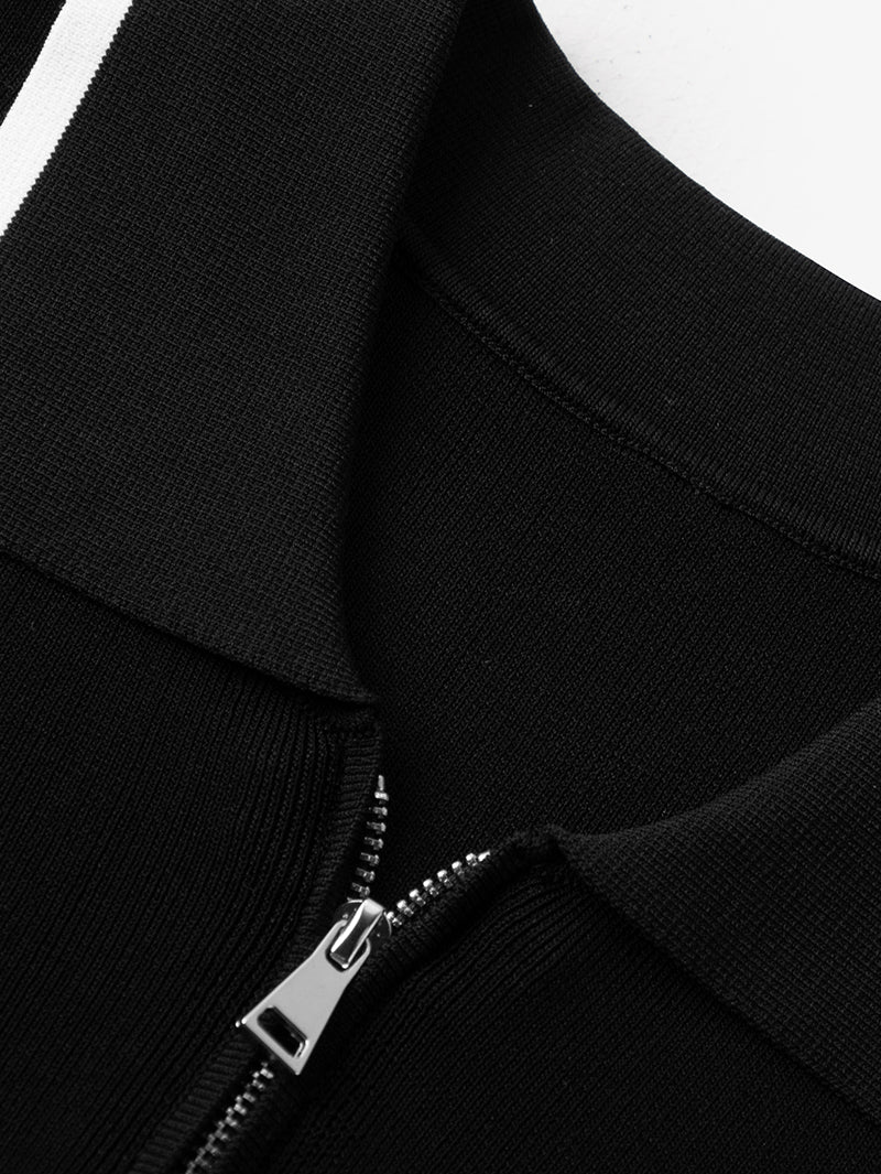 Women's Black Polo Zipper Neck Contrast Binding Knitted Top