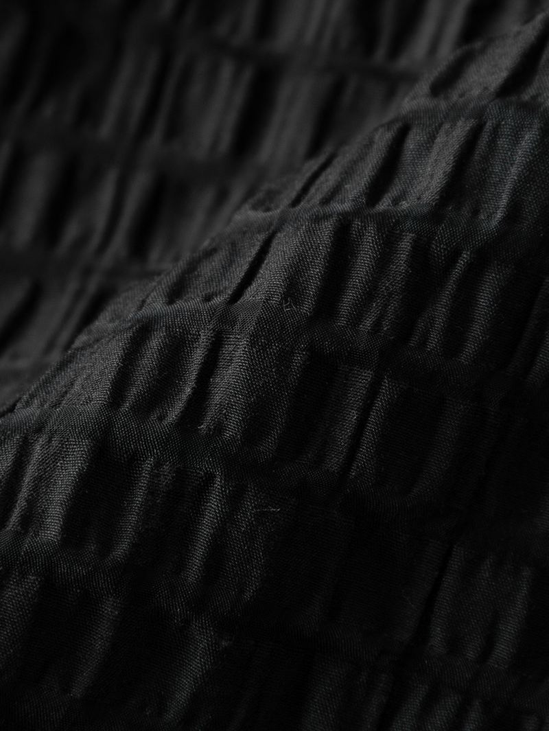 Women's Black V Neck Puff Sleeves Stable Sucker Shirring Smocking Design Dress