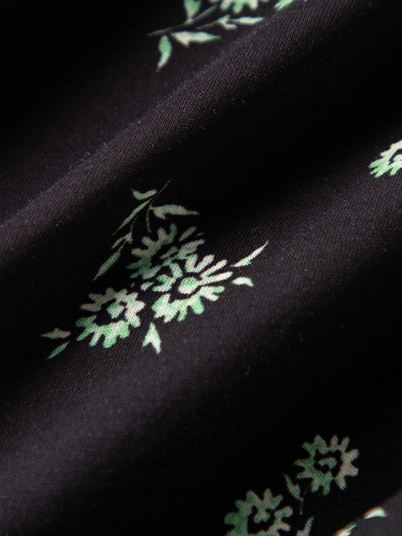 Robe mi-longue en coton, noire à motifs floraux