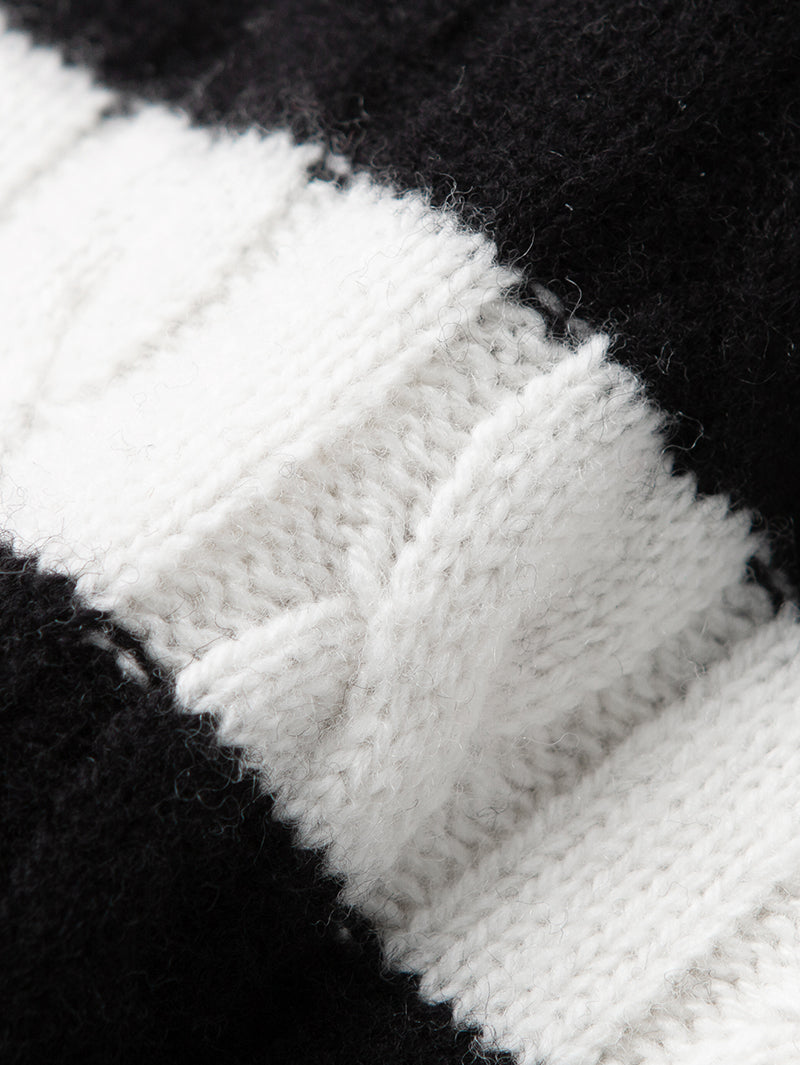 Women's Black White Stripe Turtleneck Long Sleeve Sweater Dress