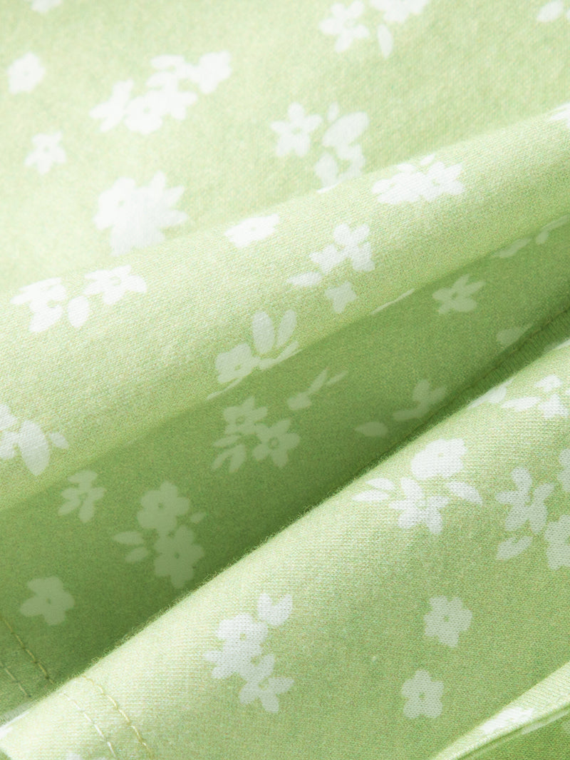 Women's Floral Light Green V Neck A-Line 100% Cotton Wrap Dress