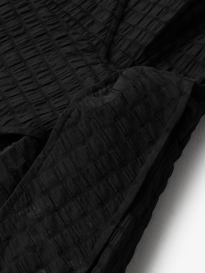 Women's Black V Neck Short Sleeves Stable Sucker Belted Dress