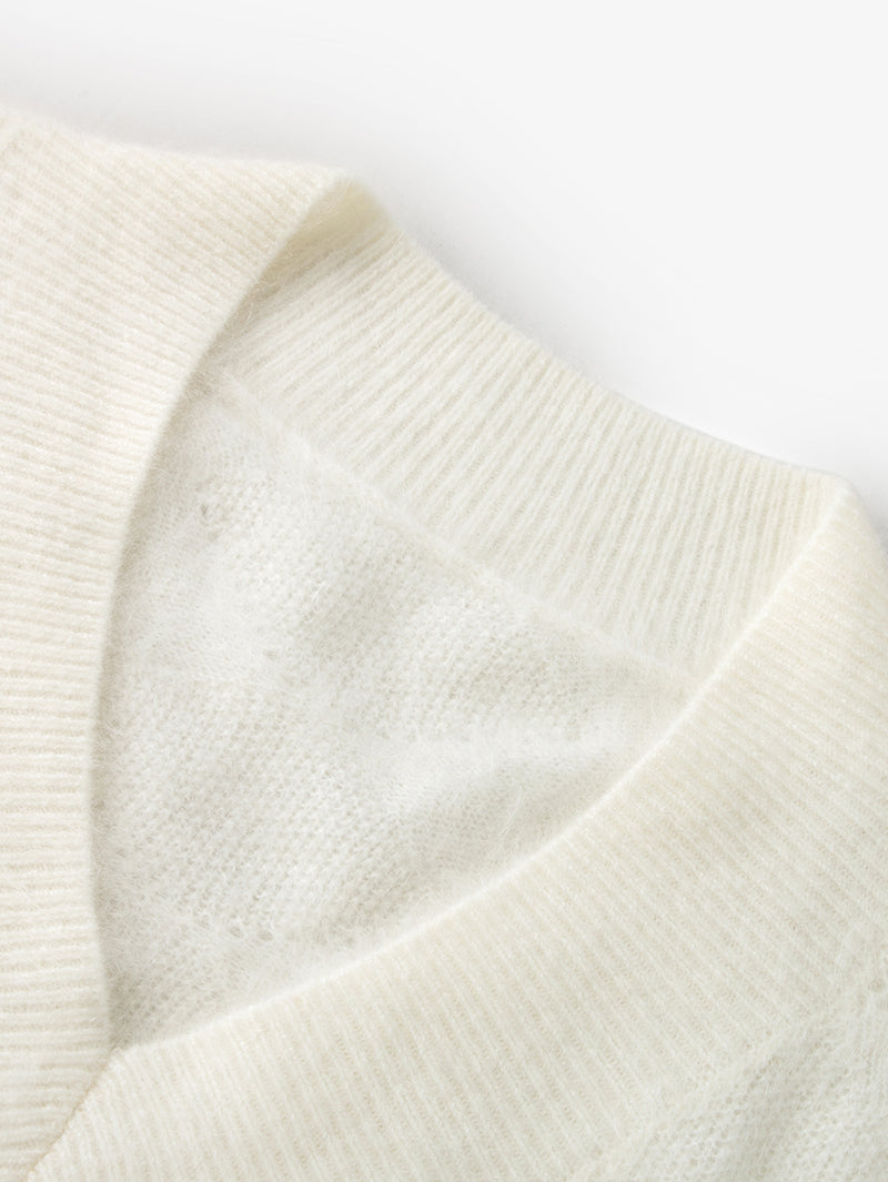Cashmere V-neck sweater, long sleeves, natural white