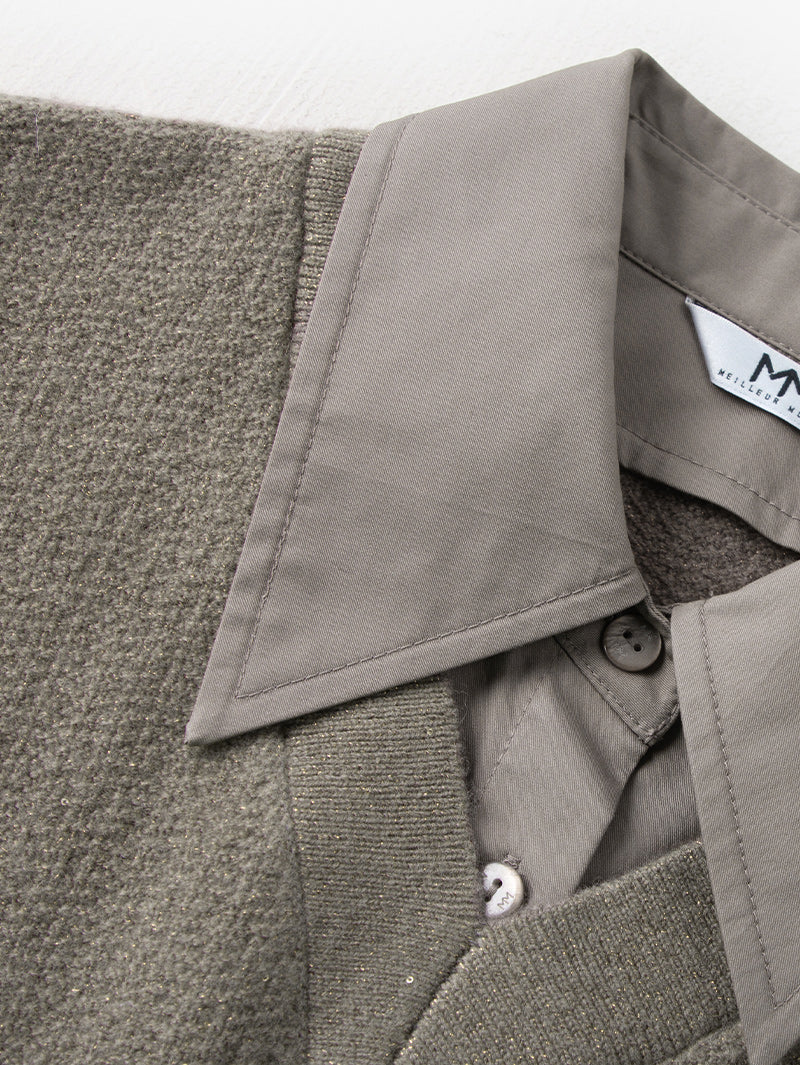 Women's Brown Classic Collar Long Sleeve Wool Vest Splicing Dress