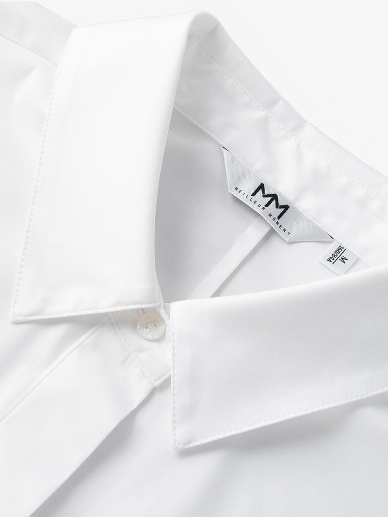 Women's White Classic Collar Pleat Design Long Sleeve Short Shirt