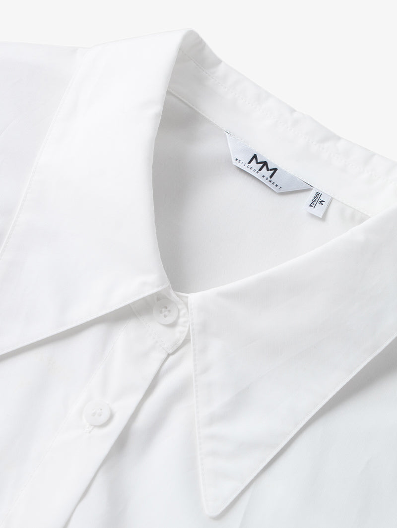 Women's White Classic Collar Long Sleeve 100% Cotton Round Hem Shirt