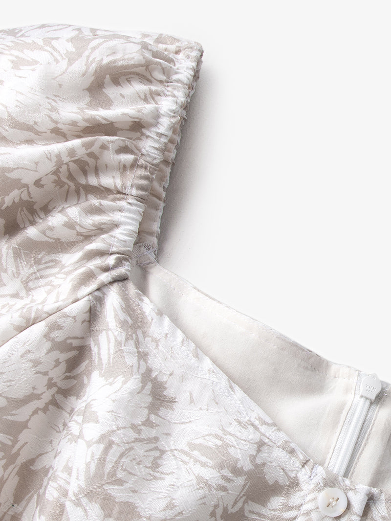 Women's Floral Light Gray Square Neck Puff Sleeves Breathable Lyocell Middle Length Dress