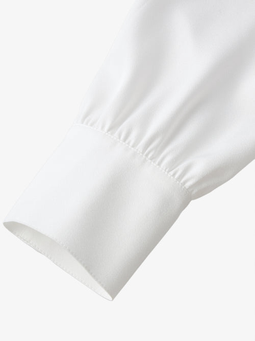 Charger l'image 1 dans la galerie. Women's Plain White Tie Neck Long Sleeves Smooth Acetate Shirt