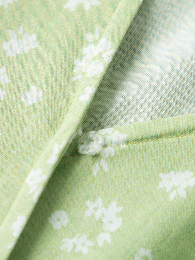 Women's Floral Light Green V Neck A-Line 100% Cotton Wrap Dress