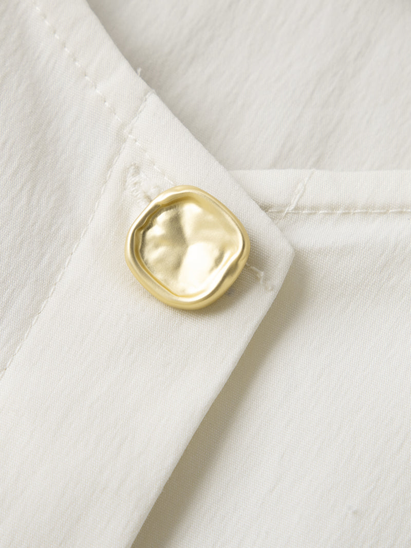 Women's Off-White Square Neck Puff Sleeves Button Down Belted Dress