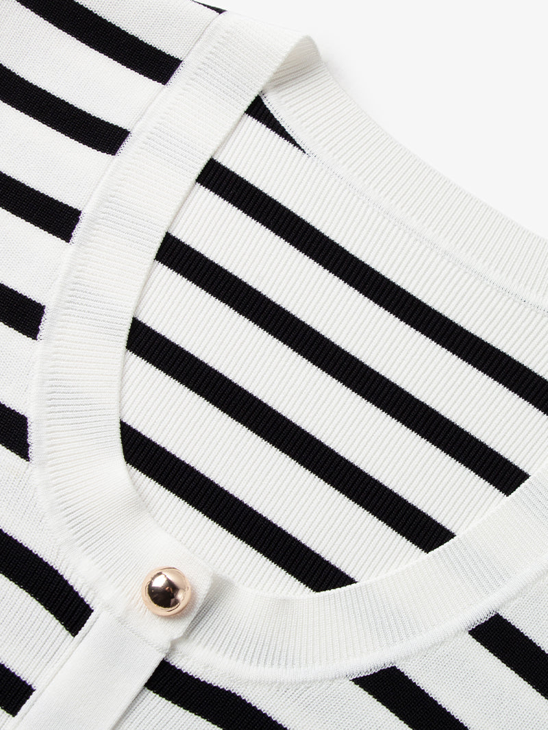 Women's White Round Neck Short Sleeves Buttons Knit Top