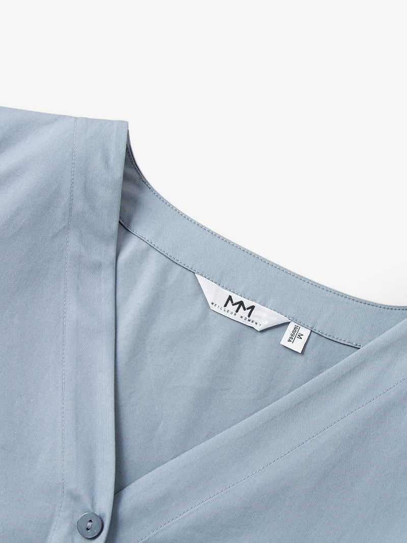 Women's Blue V Neck Puff Sleeve Natural Waist Dress