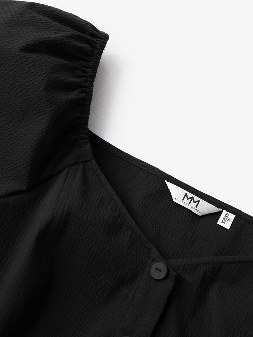 Load image 1 in gallery view. Women's Black Square Neck Puff Sleeves Slim Fit Cotton Dress
