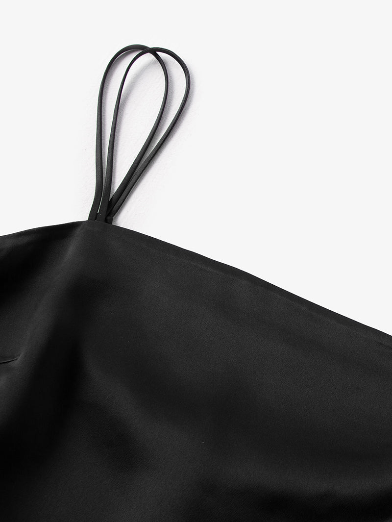 Women's Black Spaghetti Strap Breathable Acetate Slip Dress