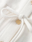 Women's White Wool Classic Collar Long Sleeve Drawstring Wasit Dress