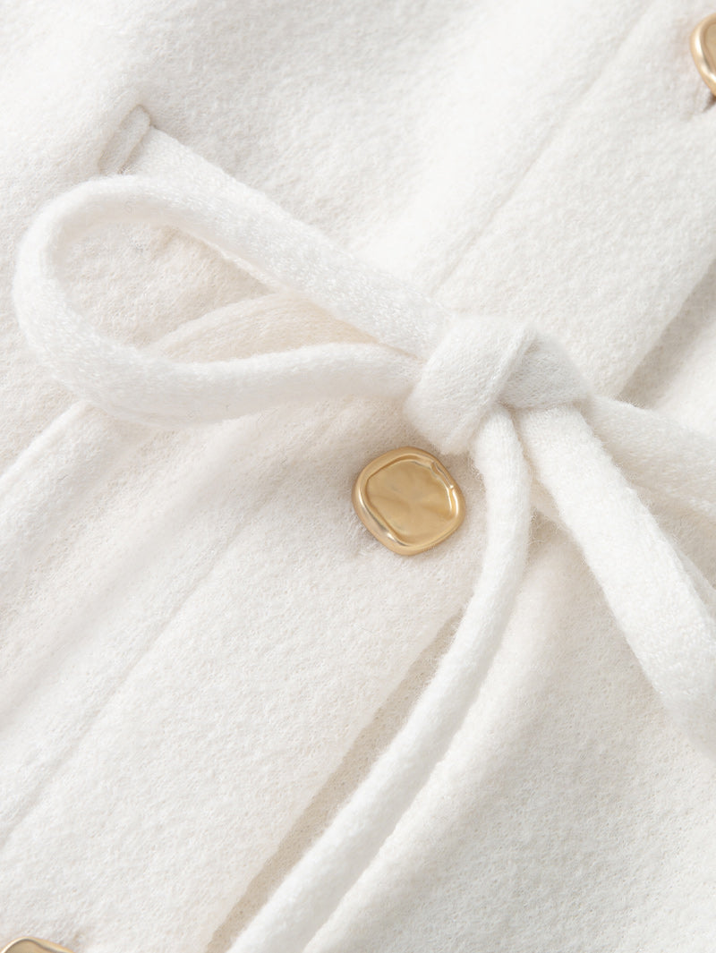 Women's White Wool Classic Collar Long Sleeve Drawstring Wasit Dress