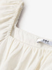 Women's Light Beige Square Neck Puff Sleeves Pleated Fabric Dress