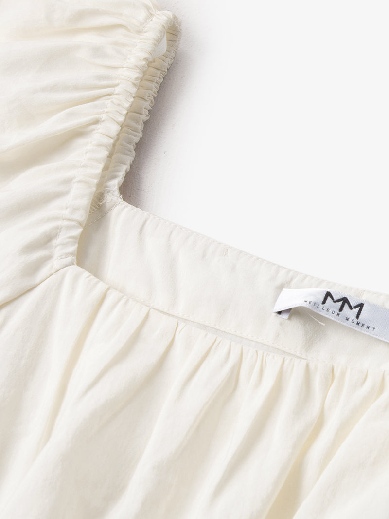 Women's Light Beige Square Neck Puff Sleeves Pleated Fabric Dress