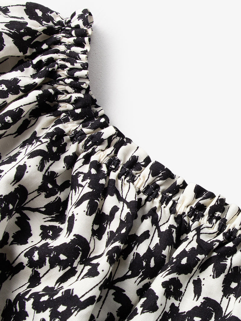 Women's Black Floral Puff Sleeves Super Short Blouse Shirt