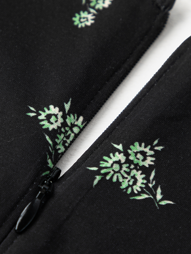 Black cotton mid-length dress with floral patterns