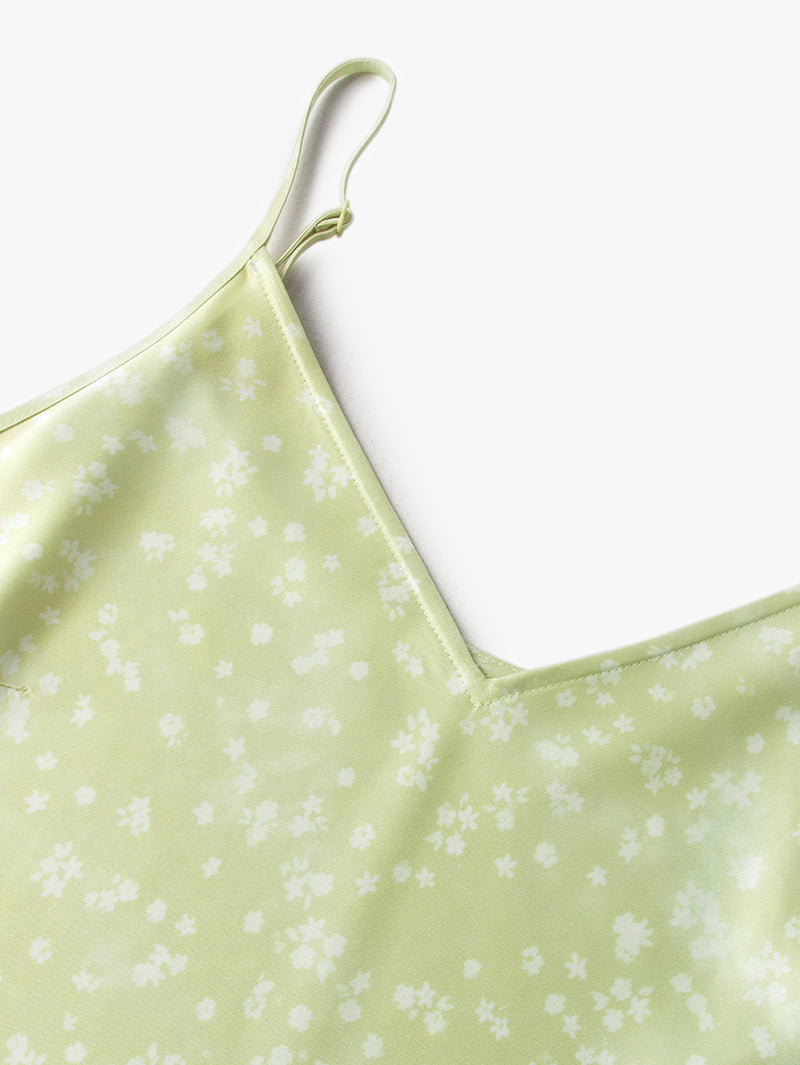 Women's Floral Light Green V Neck Smooth Acetate Slip Dress