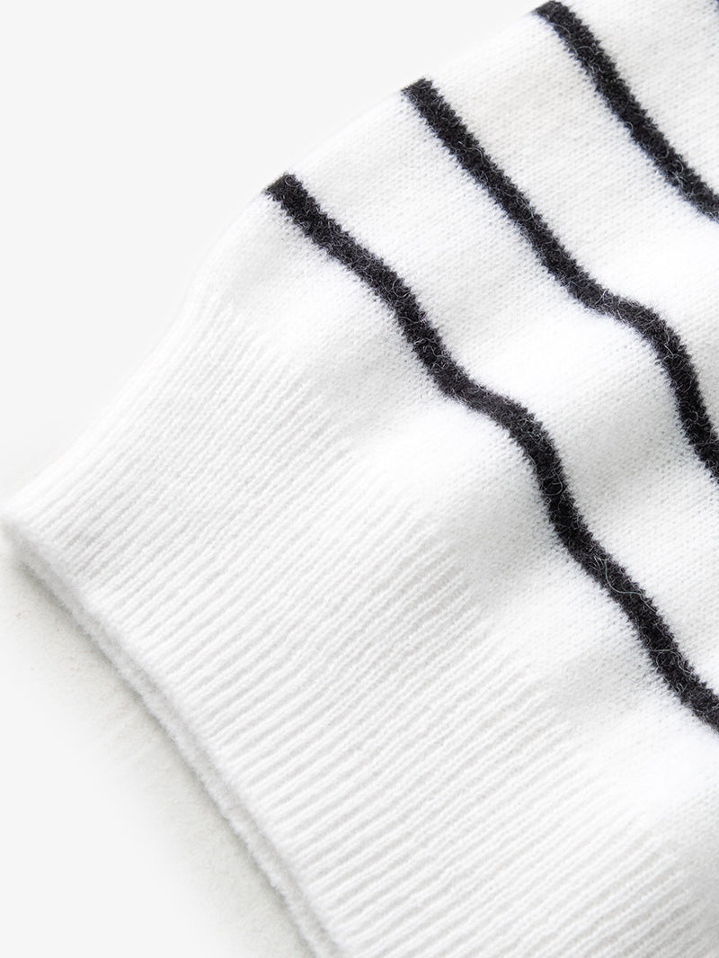 Women's White Stripe Round Neck Knit Cashmere Sweater