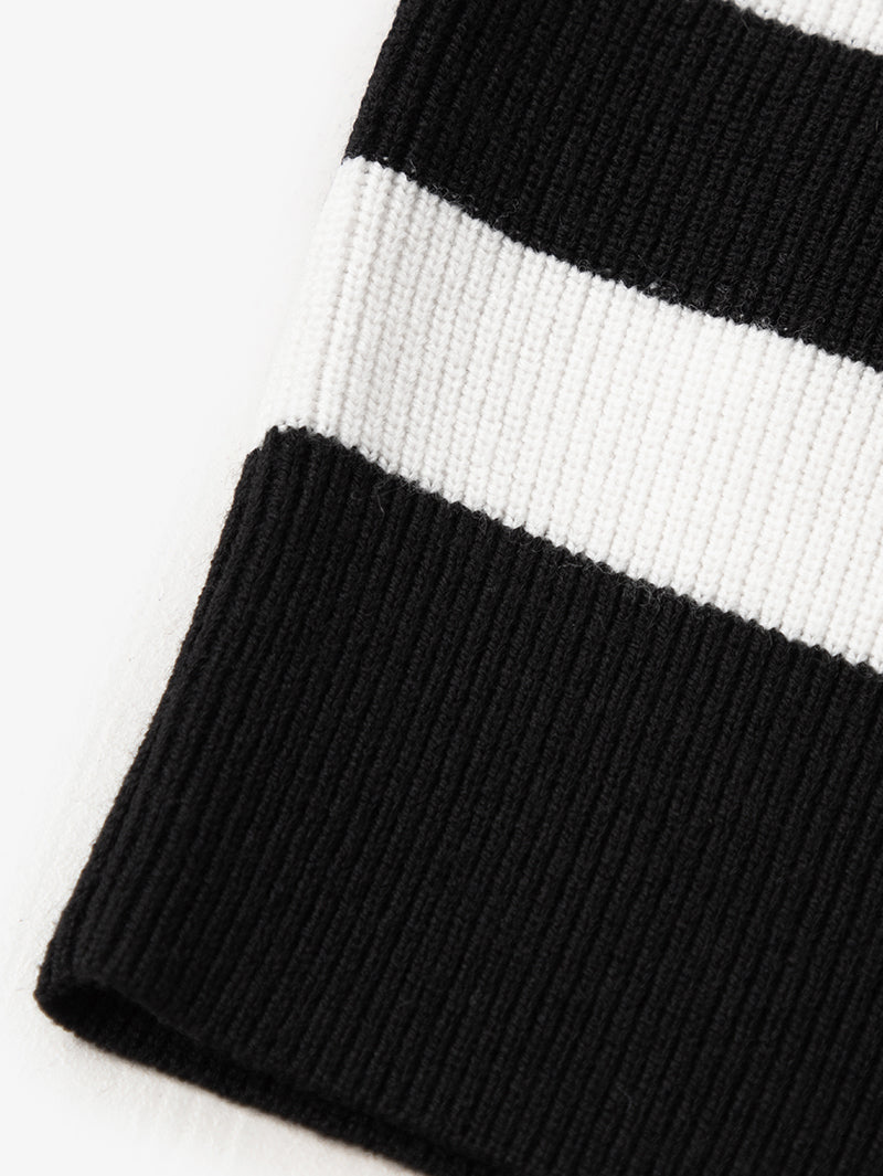 Women's Black Stripe Polo Zipper Neck Sleeveless Knitted Sweater、