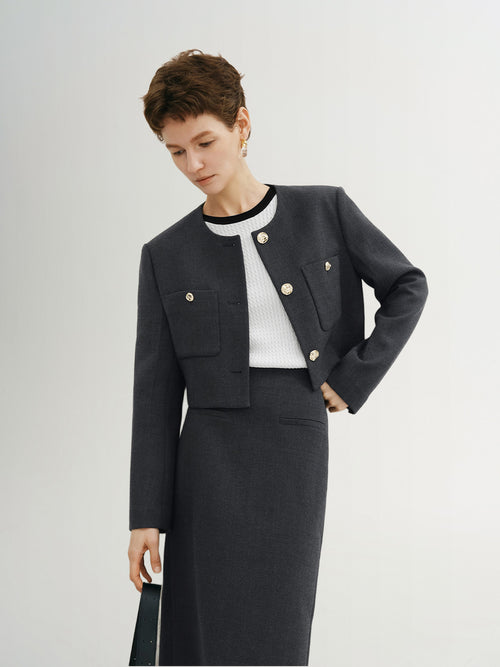 Charger l'image 1 dans la galerie. Veste courte en tweed, grise, col rond, manches longues