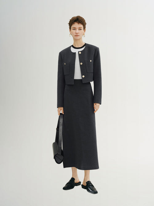 Charger l'image 1 dans la galerie. Veste courte en tweed, grise, col rond, manches longues