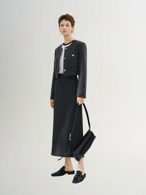 Charger l'image 1 dans la galerie. Veste courte en tweed, grise, col rond, manches longues