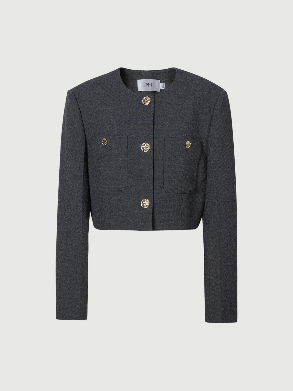 Veste courte en tweed, grise, col rond, manches longues