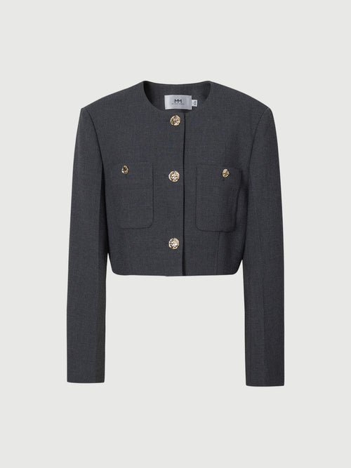 Charger l'image 1 dans la galerie. Veste courte en tweed, grise, col rond, manches longues