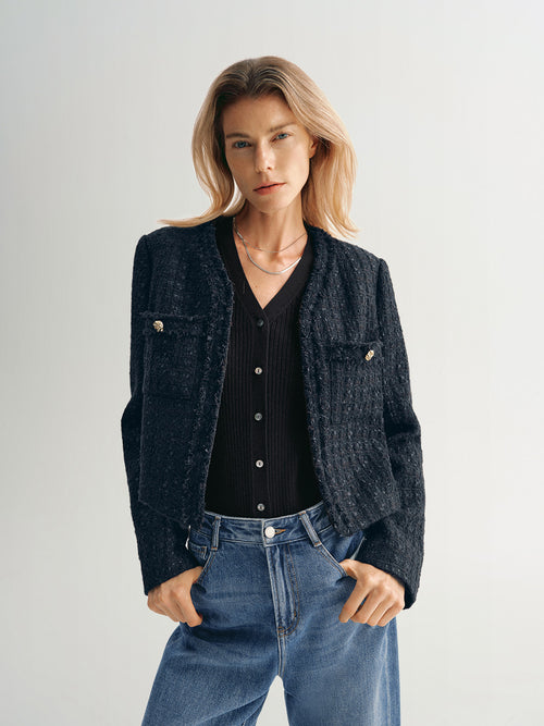 Load image 1 in gallery view. Navy blue long sleeve v-neck tweed jacket