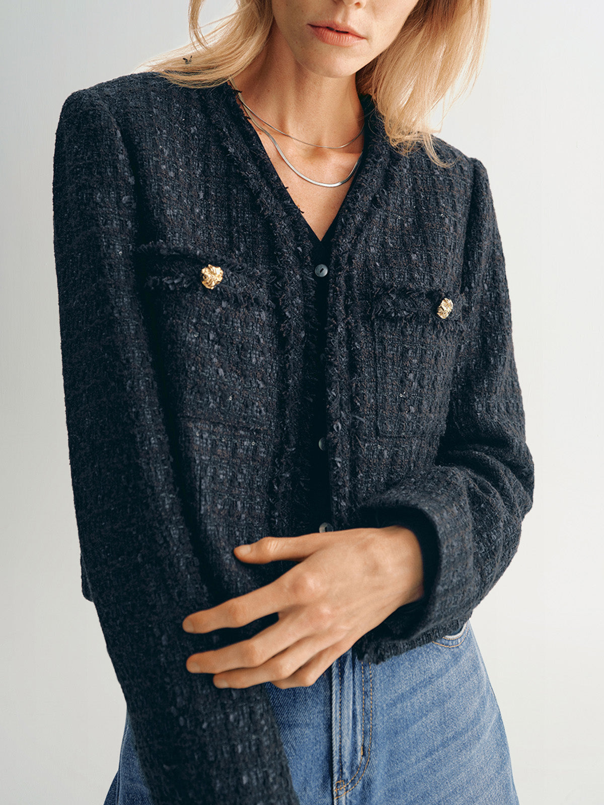 Navy blue long sleeve v-neck tweed jacket