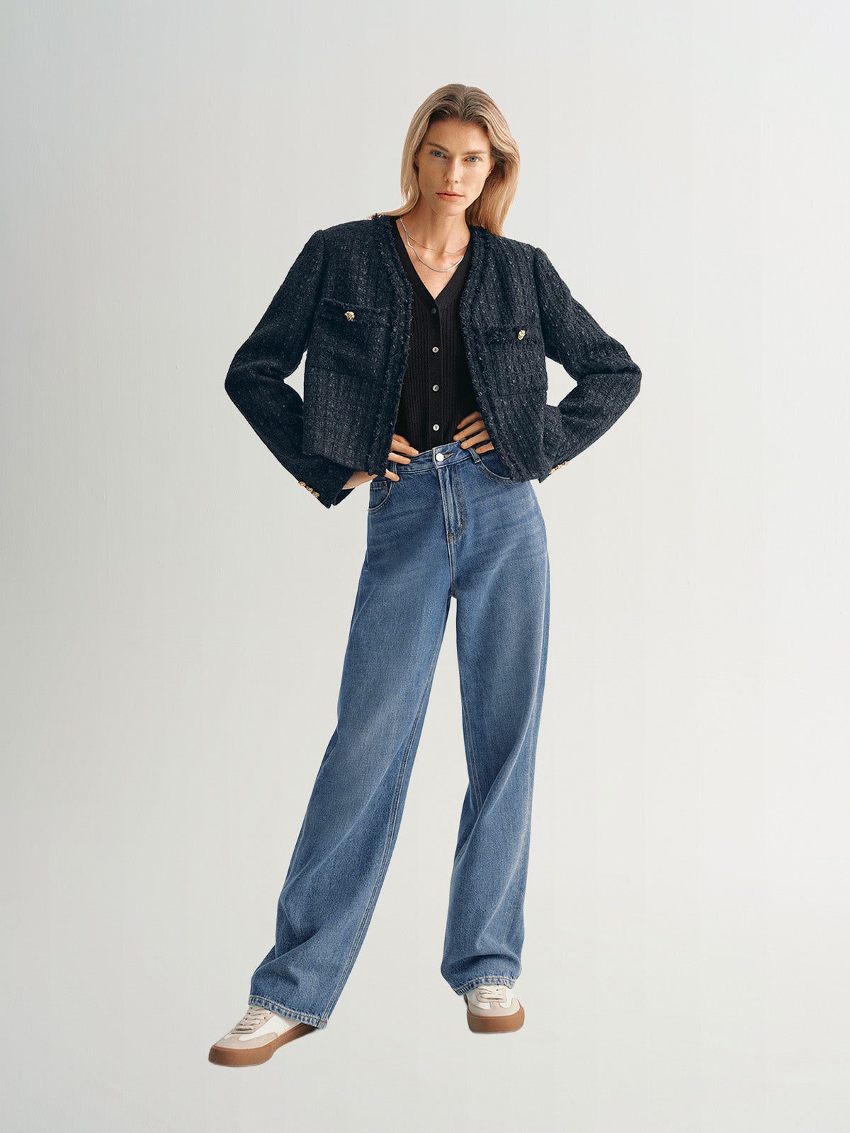 Navy blue long sleeve v-neck tweed jacket