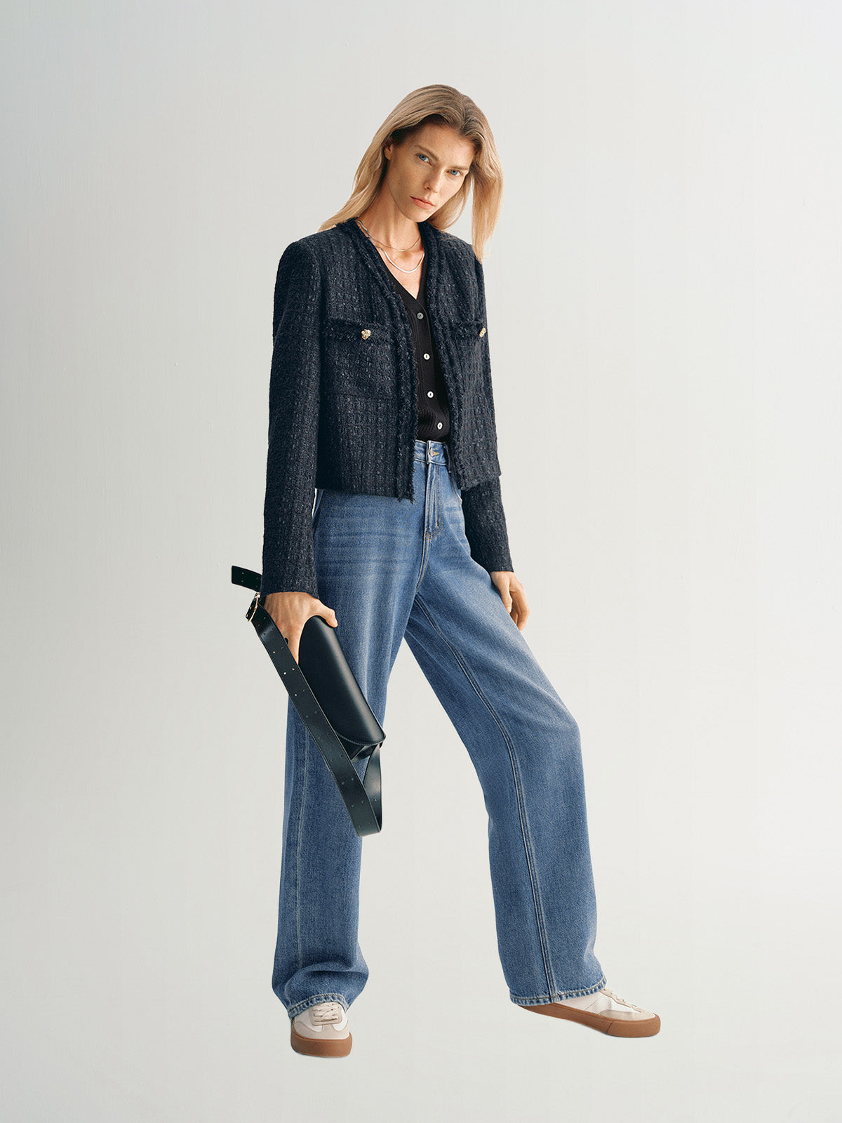 Navy blue long sleeve v-neck tweed jacket