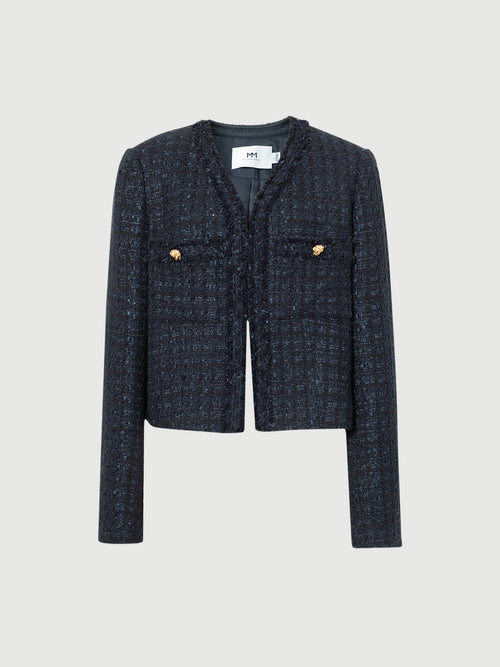Load image 1 in gallery view. Navy blue long sleeve v-neck tweed jacket