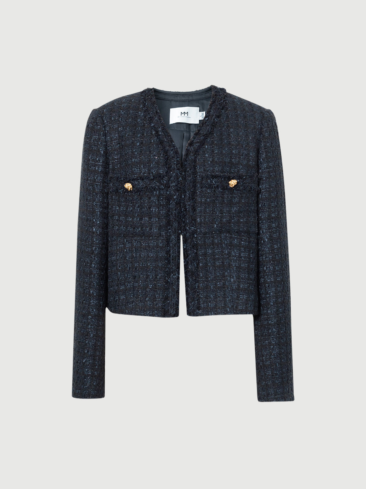 Veste en tweed à col en V et manches longues bleu marine