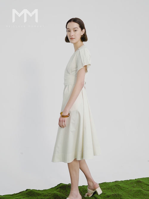 Load image 1 in gallery view. Women's White Short Sleeves V Neck 100% Cotton Dress