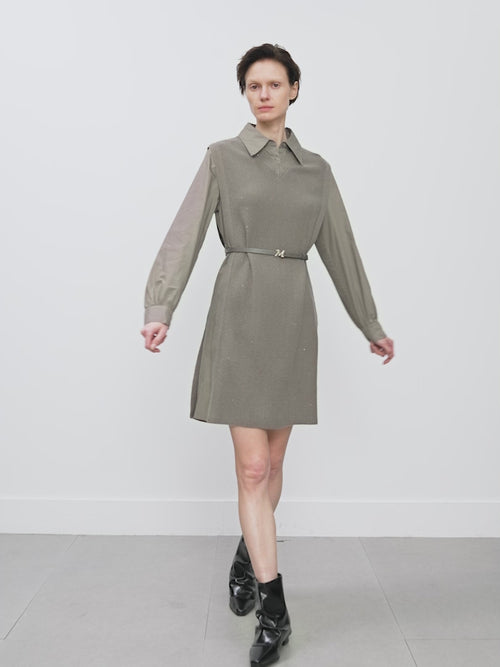 Load image 1 in gallery view. Women's Brown Classic Collar Long Sleeve Wool Vest Splicing Dress