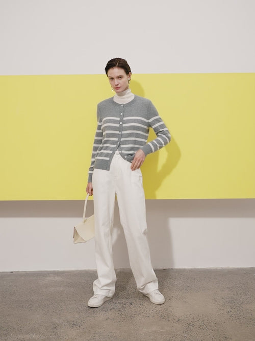 Load image 1 in gallery view. Light gray striped cashmere cardigan with round neck and long sleeves
