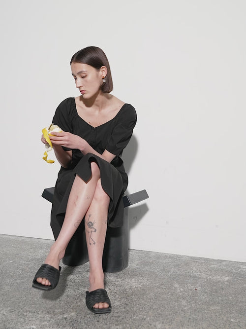 Load image 1 in gallery view. Women's Black Square Neck Puff Sleeves Slim Fit Cotton Dress