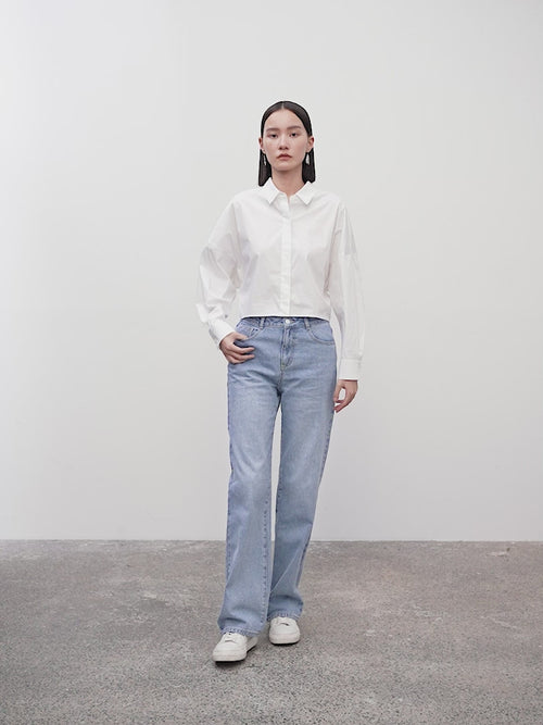 Charger l'image 1 dans la galerie. Women's White Classic Collar Pleat Deisgn Long Sleeve Short Shirt