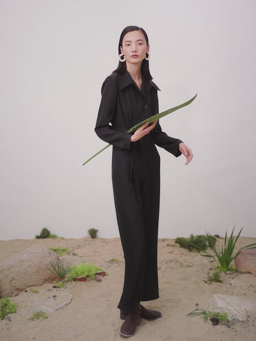 Load image 1 in gallery view. Women's Black Long Sleeve Acetate Jumpsuits