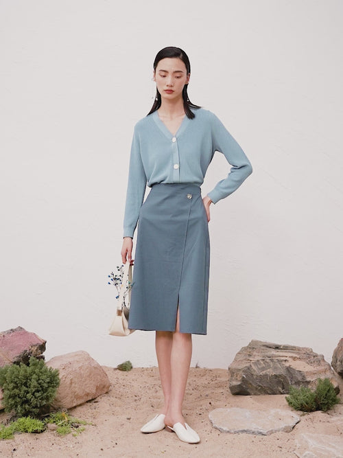 Load image 1 in gallery view. Blue mid-length straight skirt