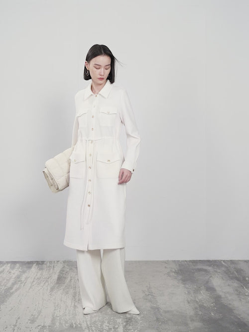 Load image 1 in gallery view. Women's White Wool Classic Collar Long Sleeve Drawstring Wasit Dress