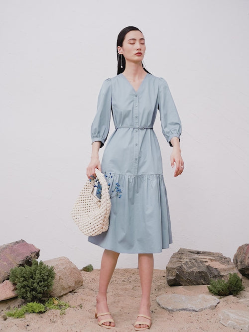 Load image 1 in gallery view. Women's Blue V Neck Puff Sleeve Natural Waist Dress